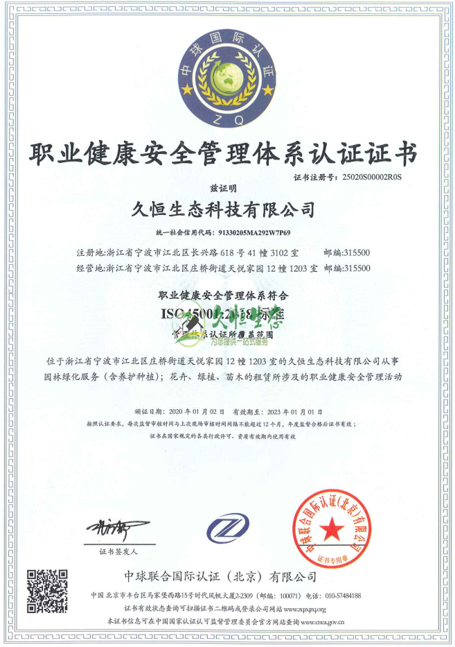 江阴职业健康安全管理体系ISO45001证书
